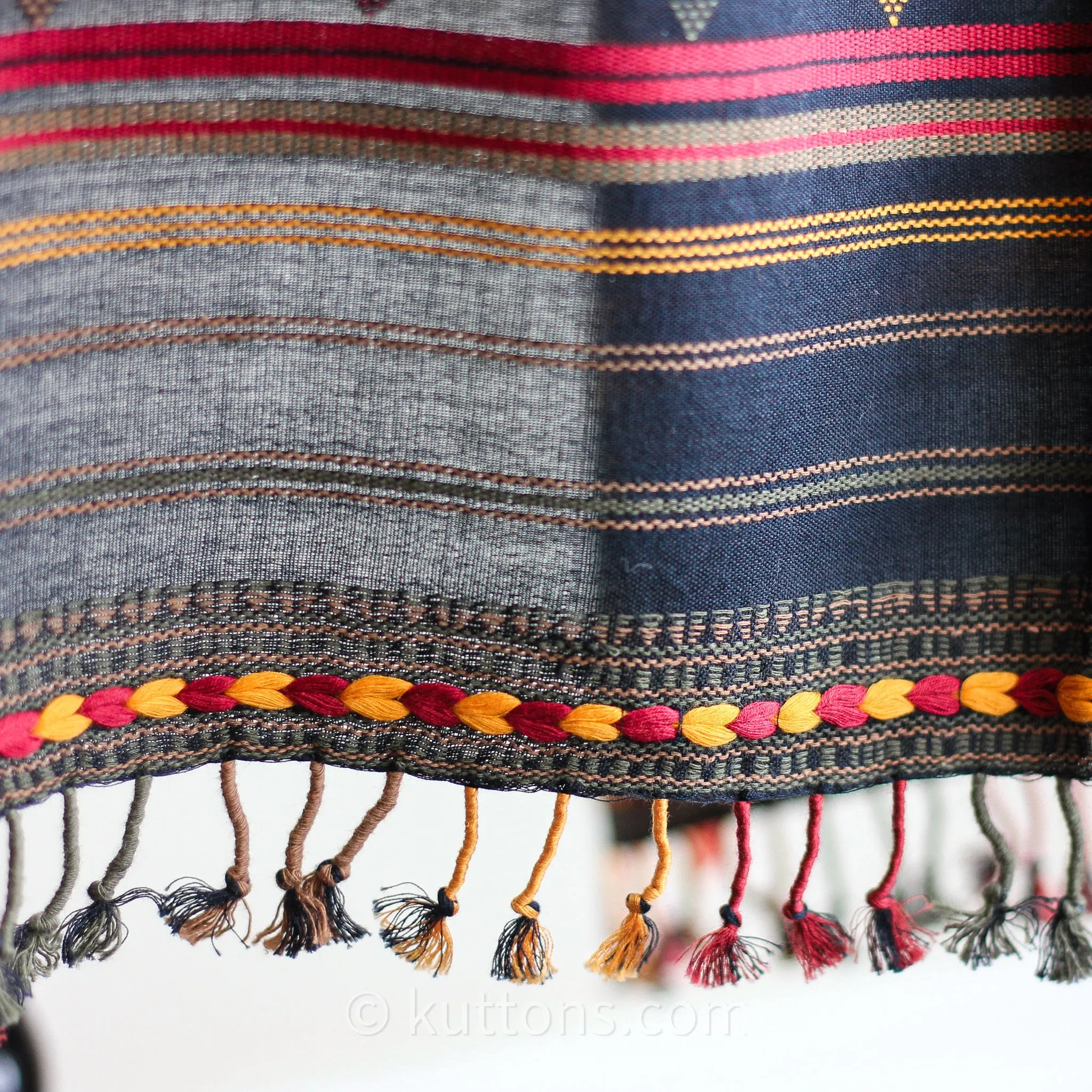 100% Cotton Wrap with Tassels - Handwoven Bhujodi Stole, Extra Weft | Black, Red, Yellow, 22x78"