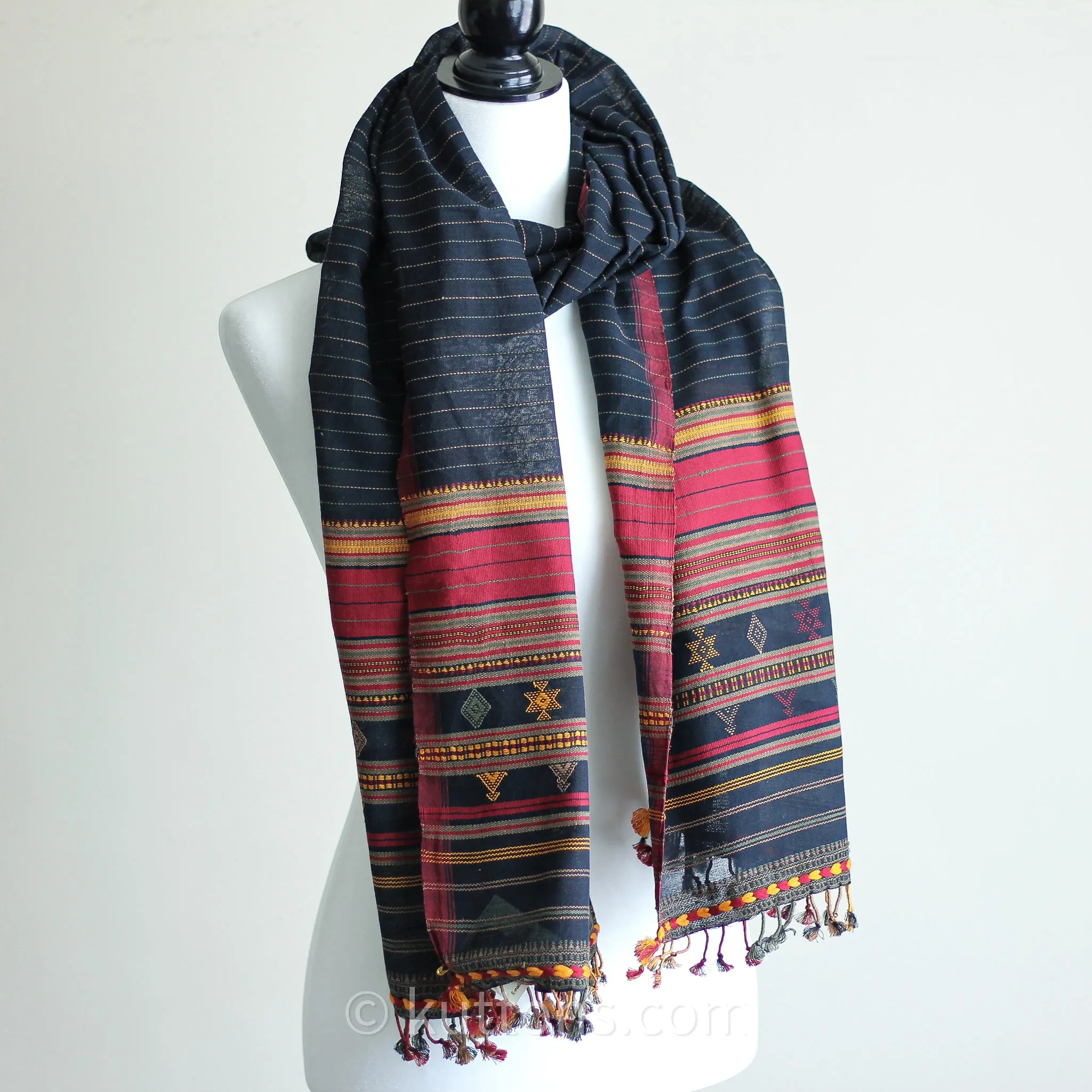 100% Cotton Wrap with Tassels - Handwoven Bhujodi Stole, Extra Weft | Black, Red, Yellow, 22x78"