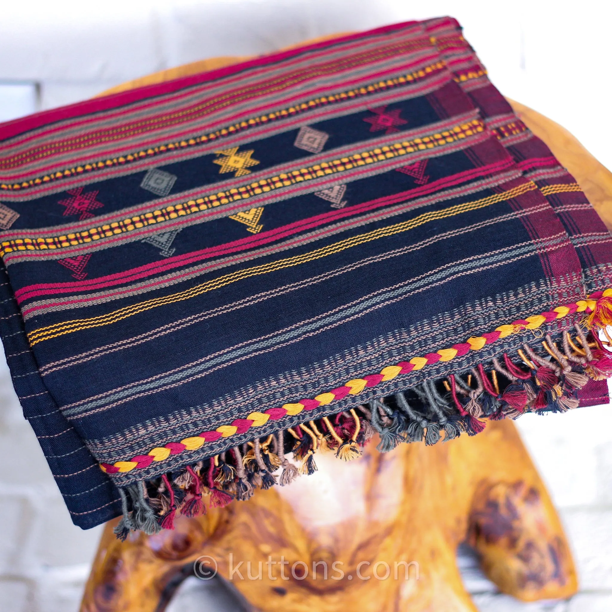 100% Cotton Wrap with Tassels - Handwoven Bhujodi Stole, Extra Weft | Black, Red, Yellow, 22x78"