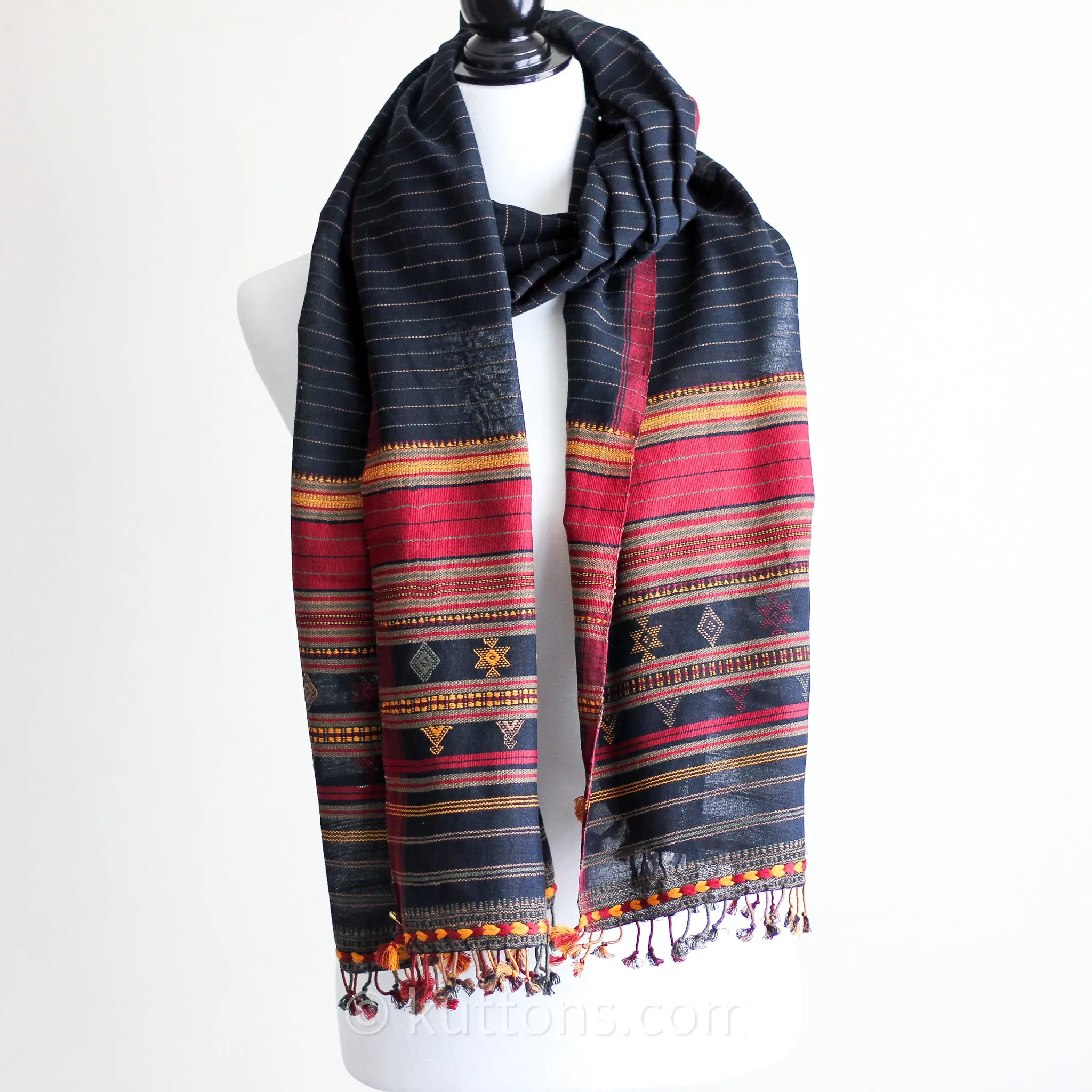 100% Cotton Wrap with Tassels - Handwoven Bhujodi Stole, Extra Weft | Black, Red, Yellow, 22x78"