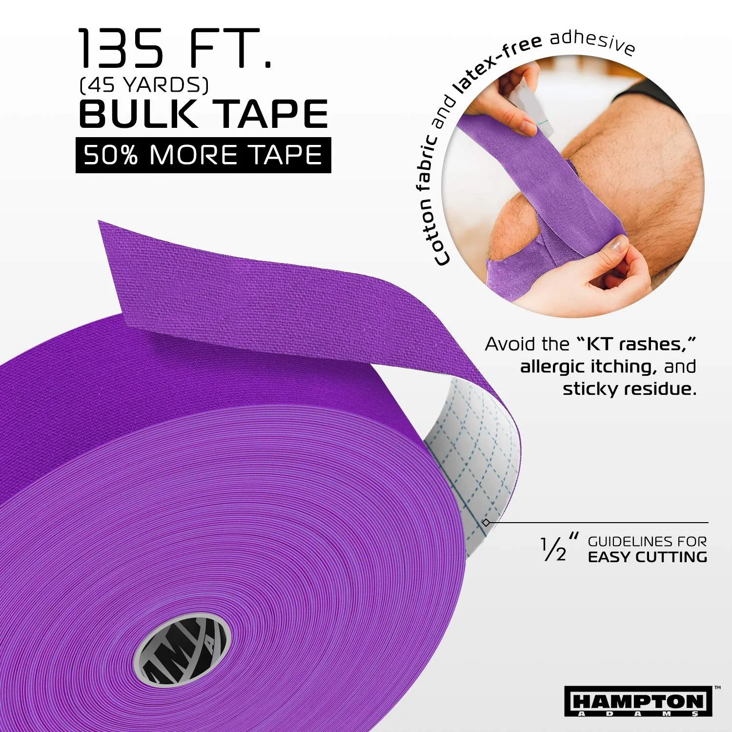 (135 Feet) Bulk Kinesiology Tape Waterproof Roll Sports Therapy Support for Knee, Muscle, Wrist, Shoulder, Back / Original Uncut Premium Therapeutic Elastic & Hypoallergenic Cotton - (Purple)