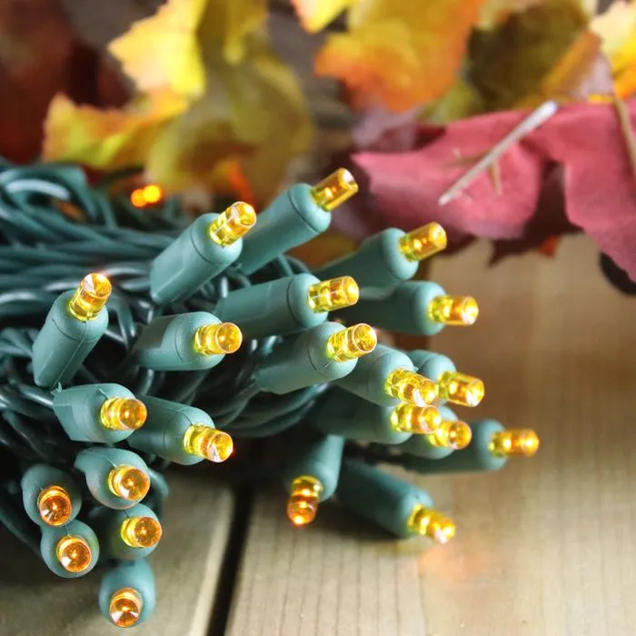 50-light  5mm Orange LED Christmas Lights, 4" Spacing Green Wire