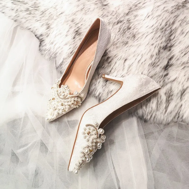 Amozae  2022 White  High Heel Pointed Stiletto Rhinestone Satin Lace Women's Shoes Dress Banquet Shoes Bridesmaid Wedding Shoes