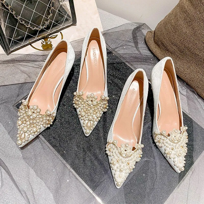 Amozae  2022 White  High Heel Pointed Stiletto Rhinestone Satin Lace Women's Shoes Dress Banquet Shoes Bridesmaid Wedding Shoes