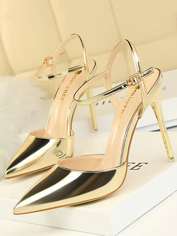 Belt Buckle Pointed-Toe Shiny Split-Joint Pumps Sandals