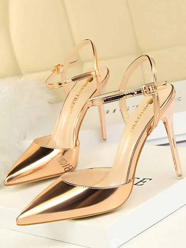 Belt Buckle Pointed-Toe Shiny Split-Joint Pumps Sandals