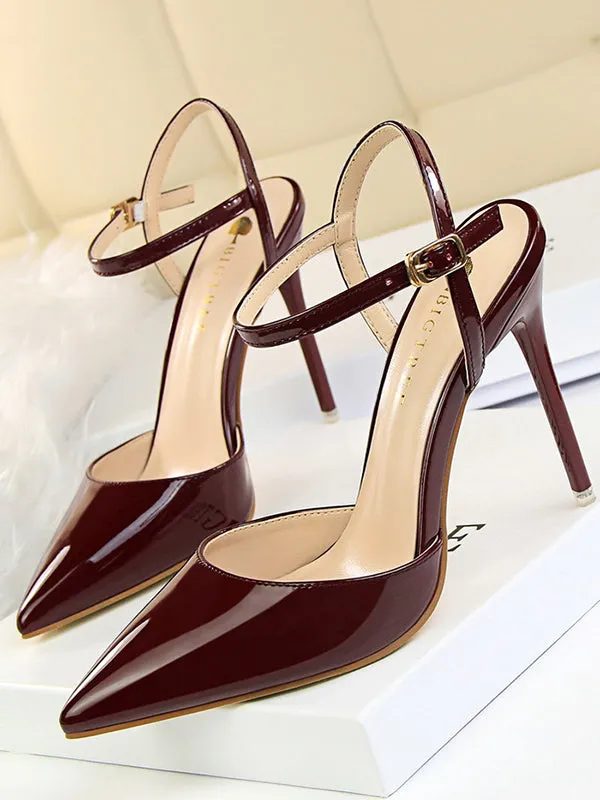 Belt Buckle Pointed-Toe Shiny Split-Joint Pumps Sandals