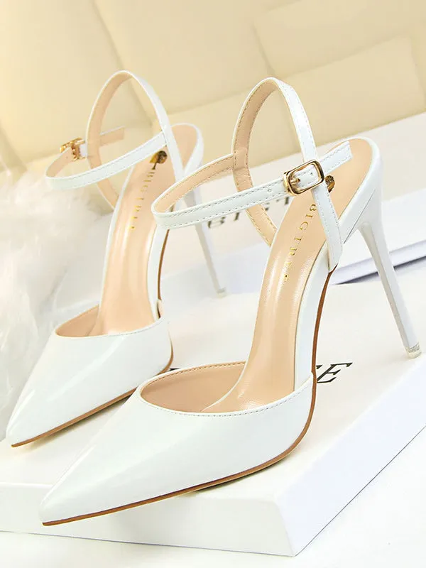 Belt Buckle Pointed-Toe Shiny Split-Joint Pumps Sandals