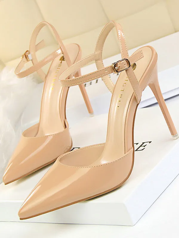 Belt Buckle Pointed-Toe Shiny Split-Joint Pumps Sandals