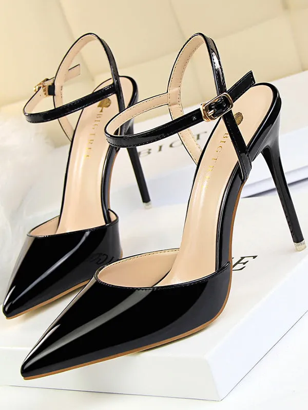 Belt Buckle Pointed-Toe Shiny Split-Joint Pumps Sandals