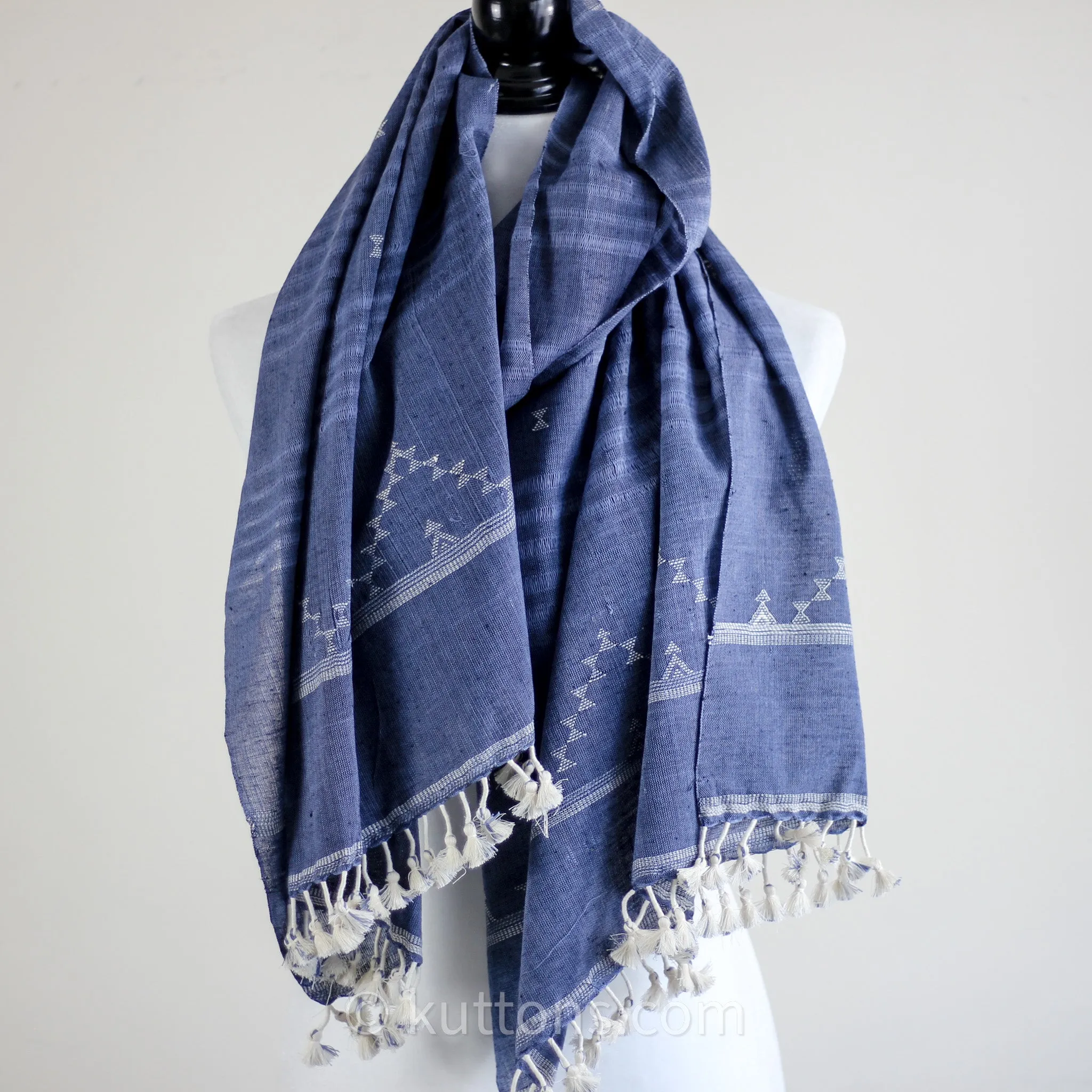 Ethnic Elegance - Handwoven Bhujodi 100% Organic Kala Cotton Wrap Scarf | Blue, 24x72"