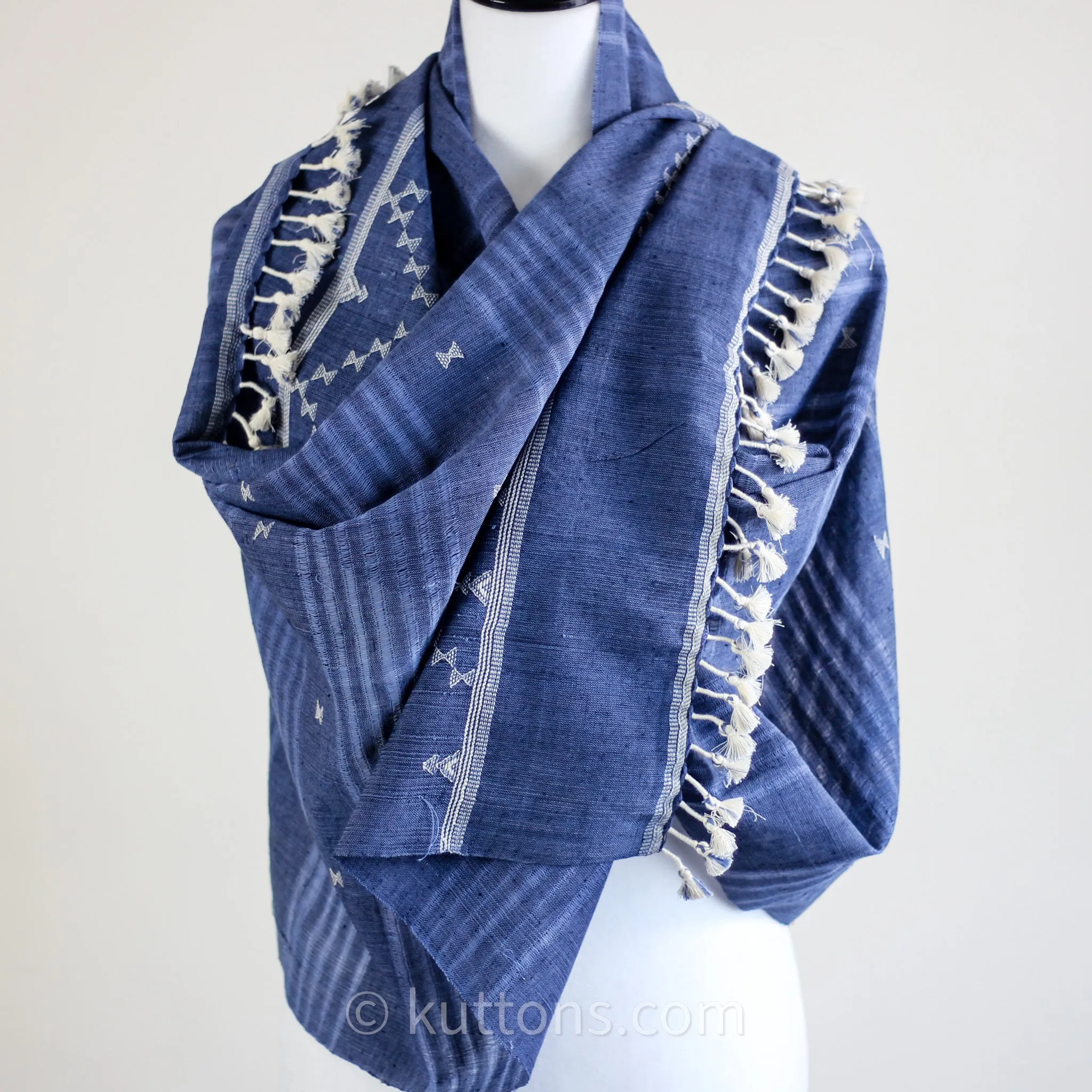 Ethnic Elegance - Handwoven Bhujodi 100% Organic Kala Cotton Wrap Scarf | Blue, 24x72"