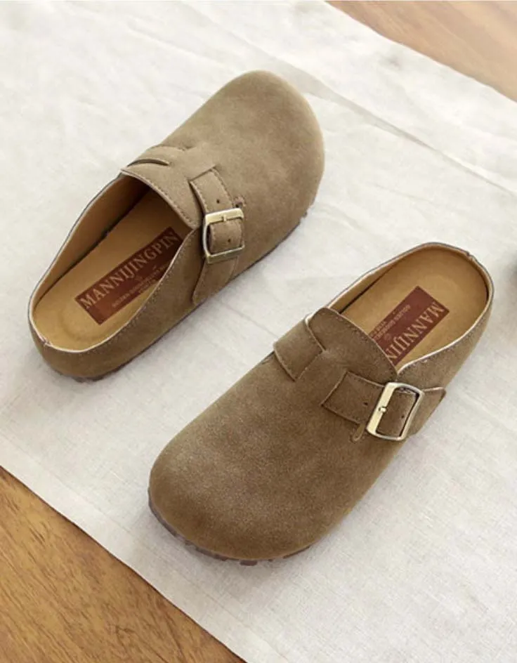 Front Buckle Comfortable Wide-toe Suede Slippers