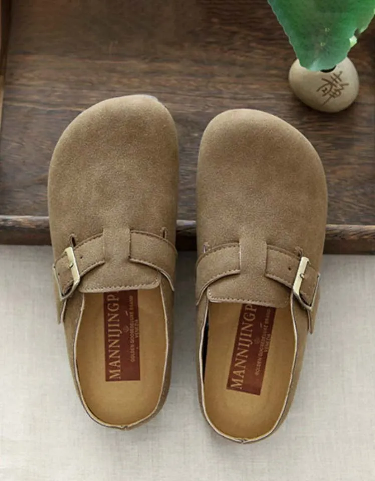 Front Buckle Comfortable Wide-toe Suede Slippers