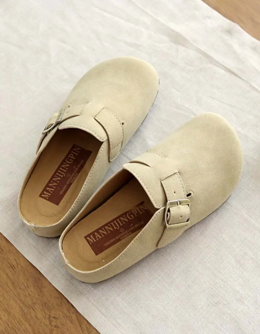 Front Buckle Comfortable Wide-toe Suede Slippers