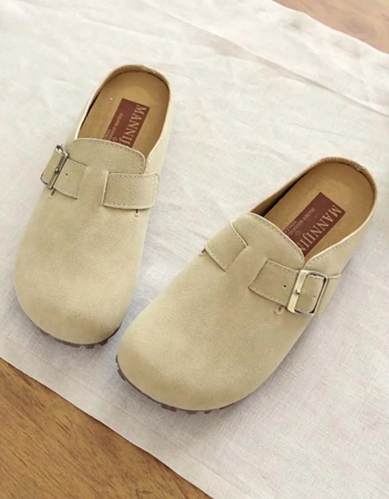 Front Buckle Comfortable Wide-toe Suede Slippers