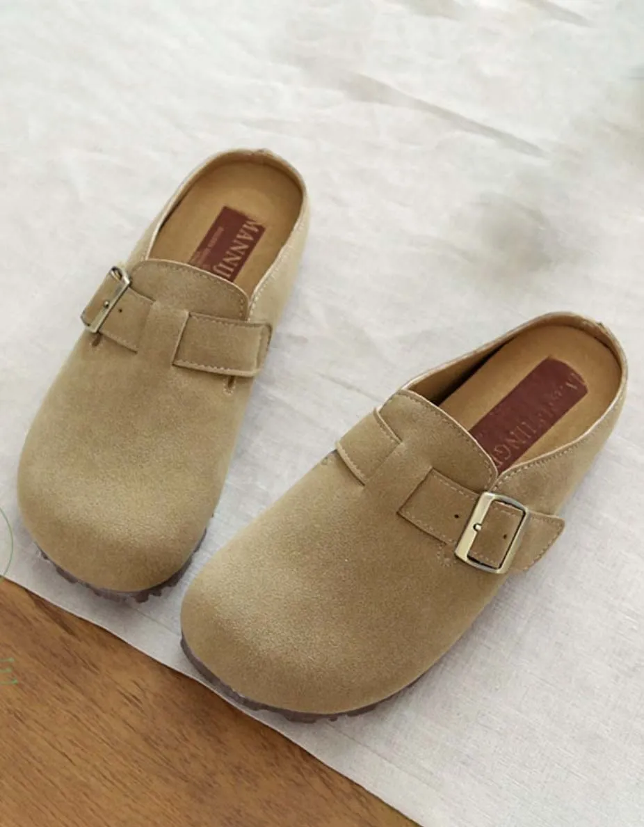 Front Buckle Comfortable Wide-toe Suede Slippers