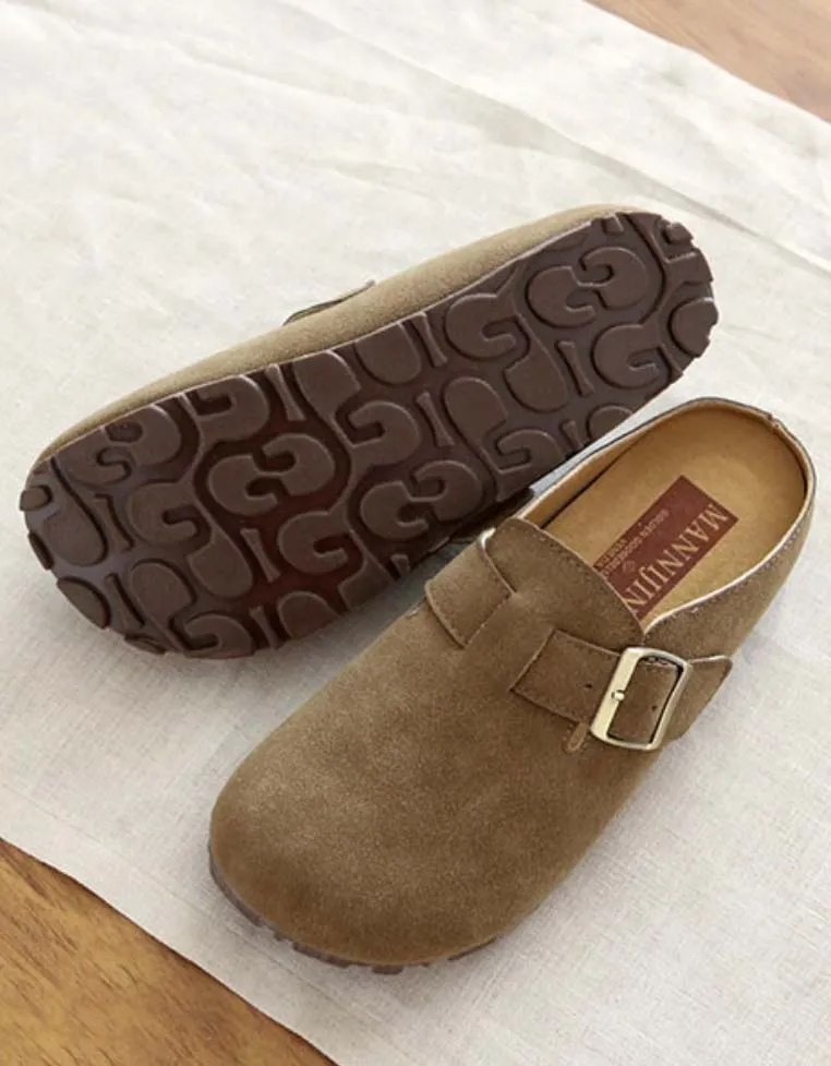 Front Buckle Comfortable Wide-toe Suede Slippers