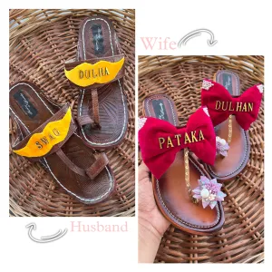 Funky N Trendy Couple slippers/ bridal footwear / groom footwear/ bow and moustache footwear / couple shoes/funky bridal combos / pataka dulhan flats slippers/ swag dulha kolhapuris/ couple footwear for haldi mahendi