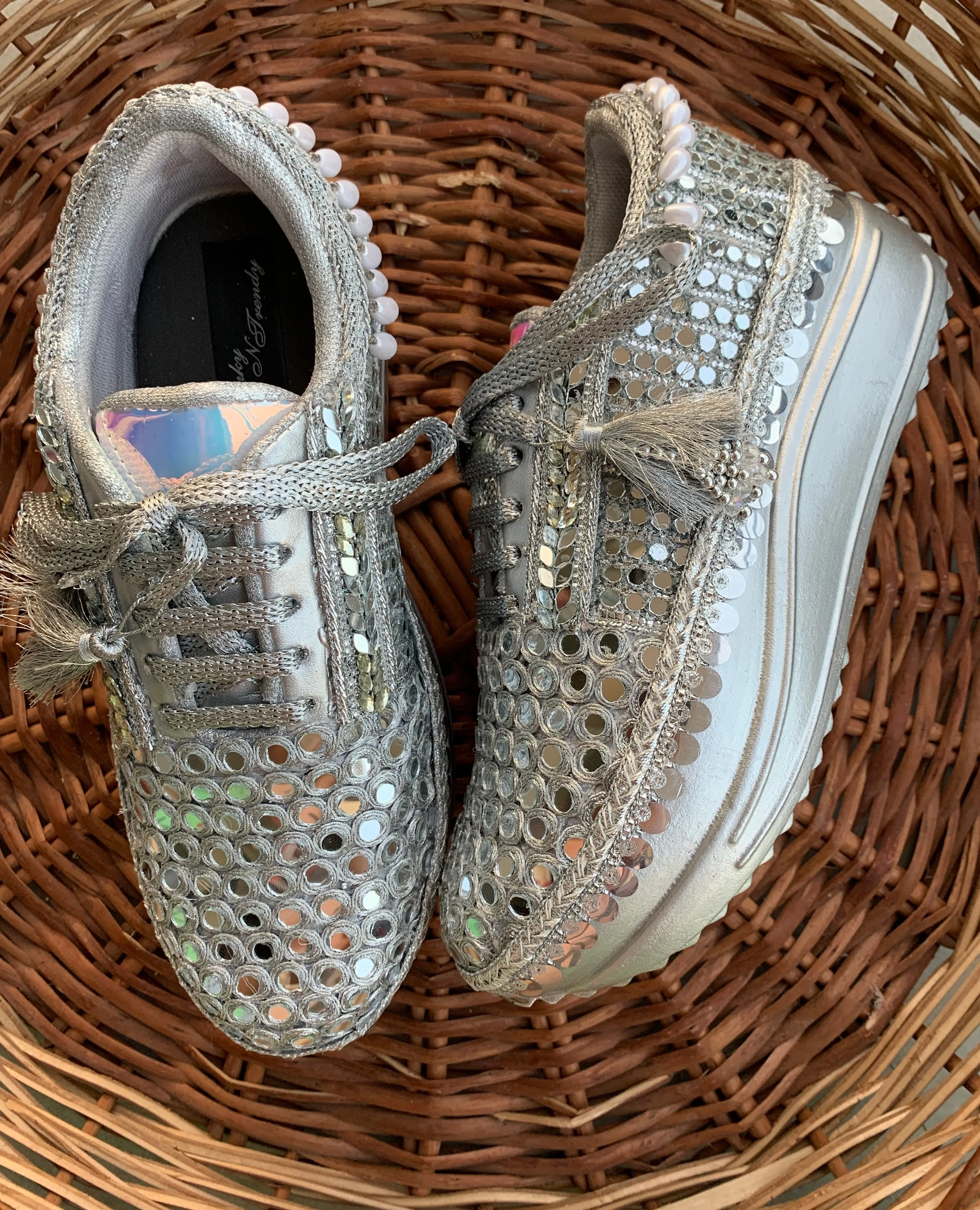 FUNKY N TRENDY Full mirror work silver sneakers for brides / bridesmaids/ silver sneakers / mirror sneakers / silver shoes