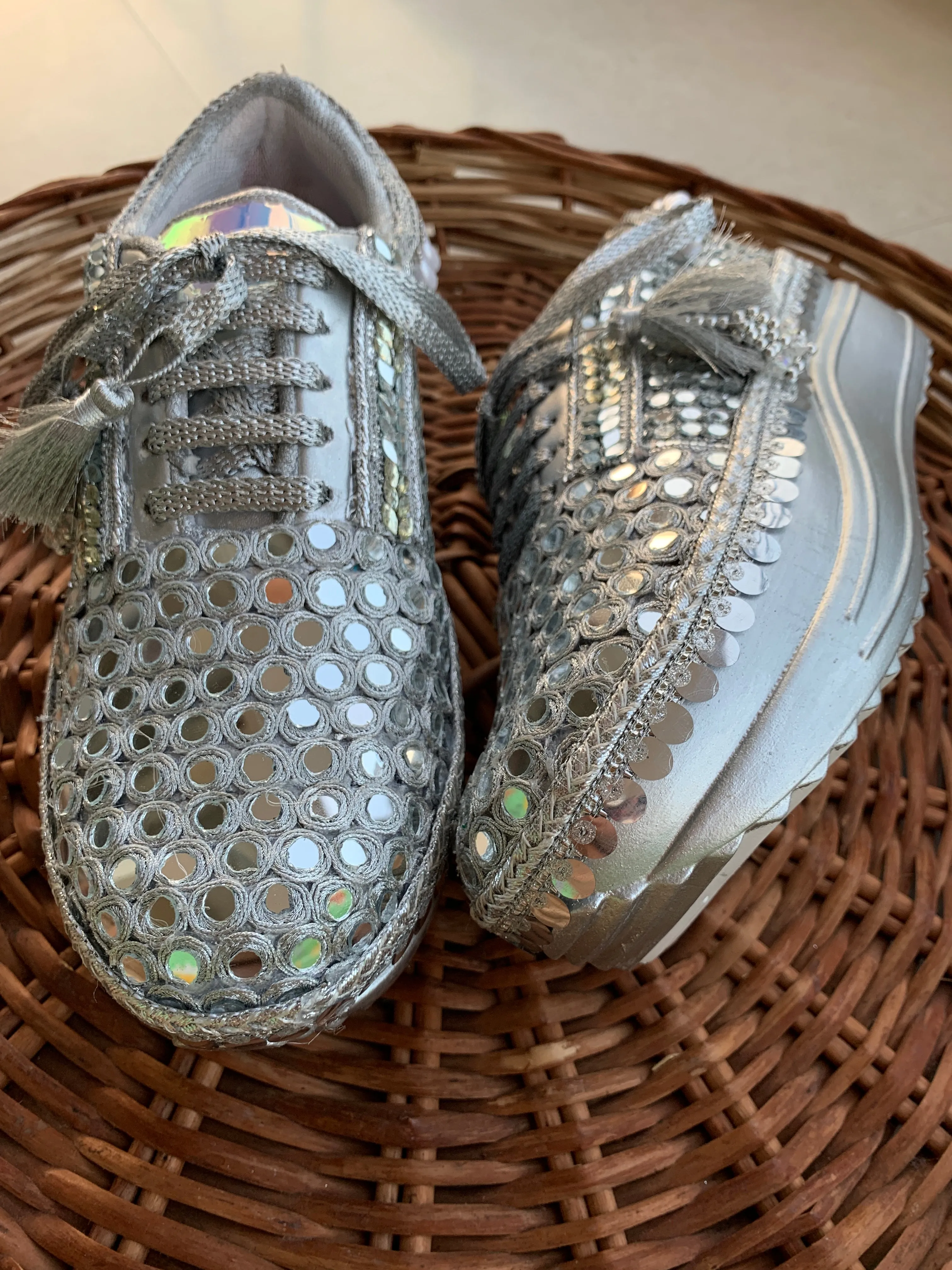 FUNKY N TRENDY Full mirror work silver sneakers for brides / bridesmaids/ silver sneakers / mirror sneakers / silver shoes