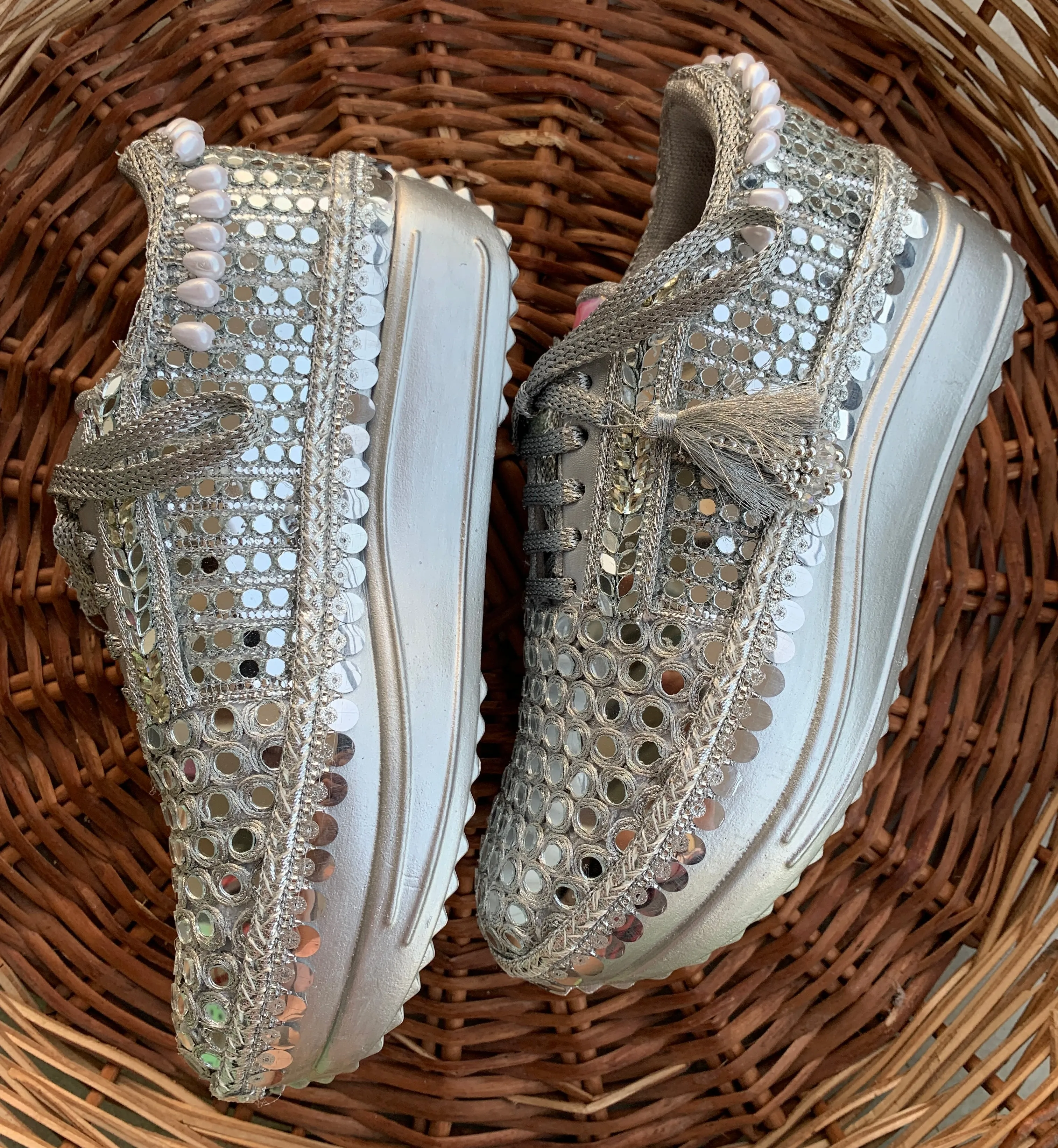 FUNKY N TRENDY Full mirror work silver sneakers for brides / bridesmaids/ silver sneakers / mirror sneakers / silver shoes