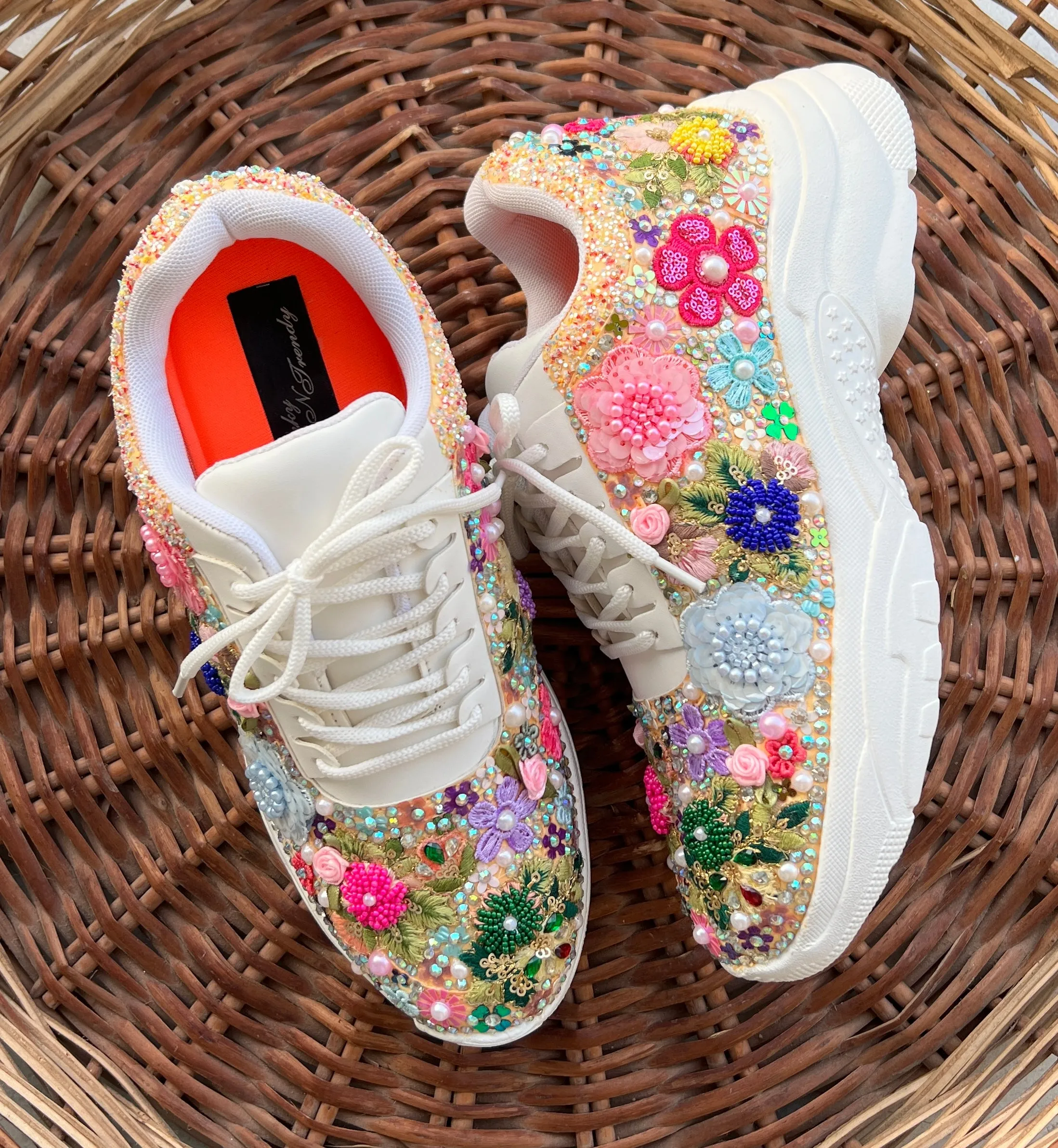 FUNKY N TRENDY fully hand crafted floral work with beads rhinestones cutdana etc /bridal sneakers / bridesmaid sneakers/ floral sneakers /colorful sneakers /bridal shoes / haldi mahendi shoes