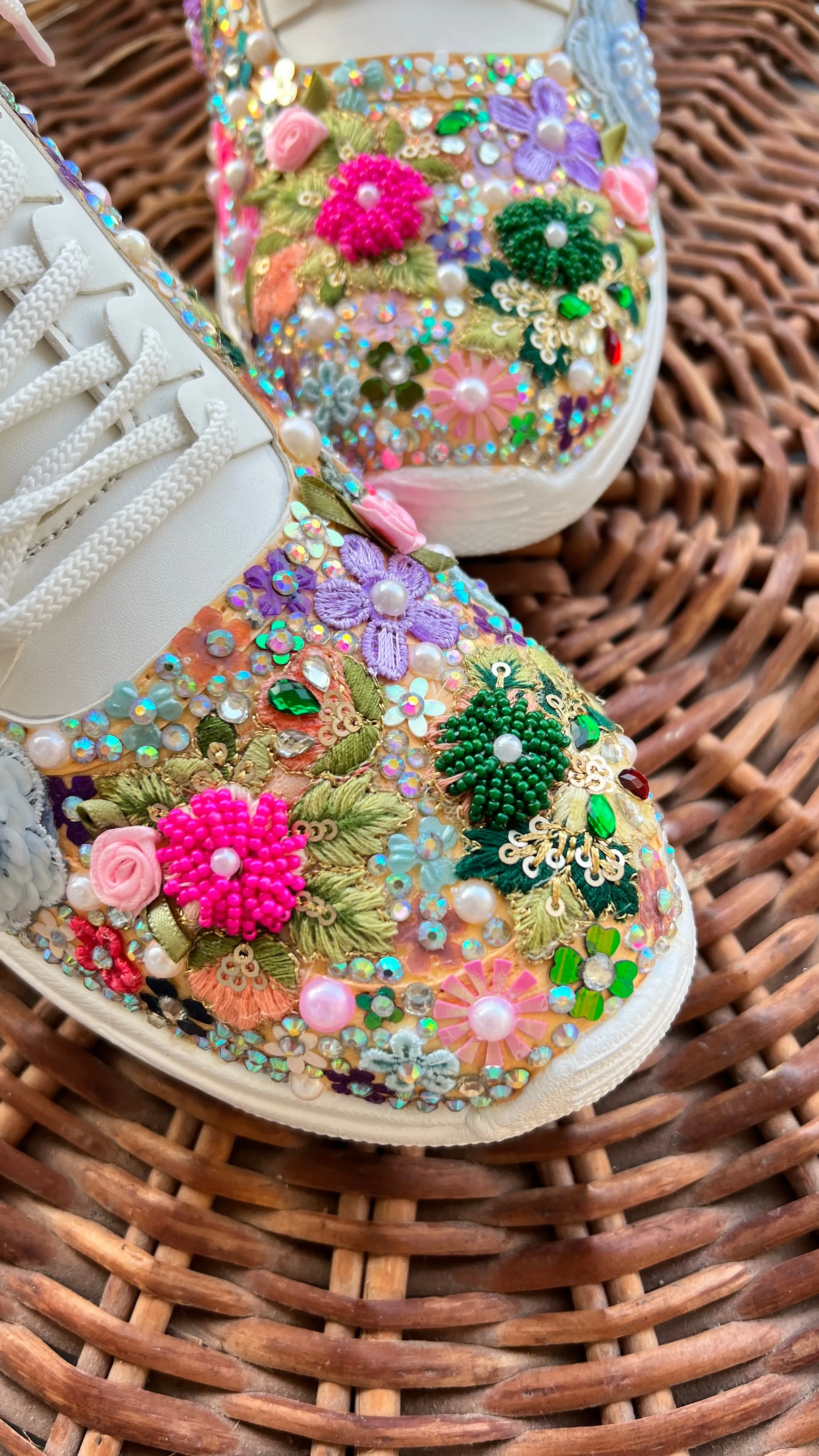 FUNKY N TRENDY fully hand crafted floral work with beads rhinestones cutdana etc /bridal sneakers / bridesmaid sneakers/ floral sneakers /colorful sneakers /bridal shoes / haldi mahendi shoes