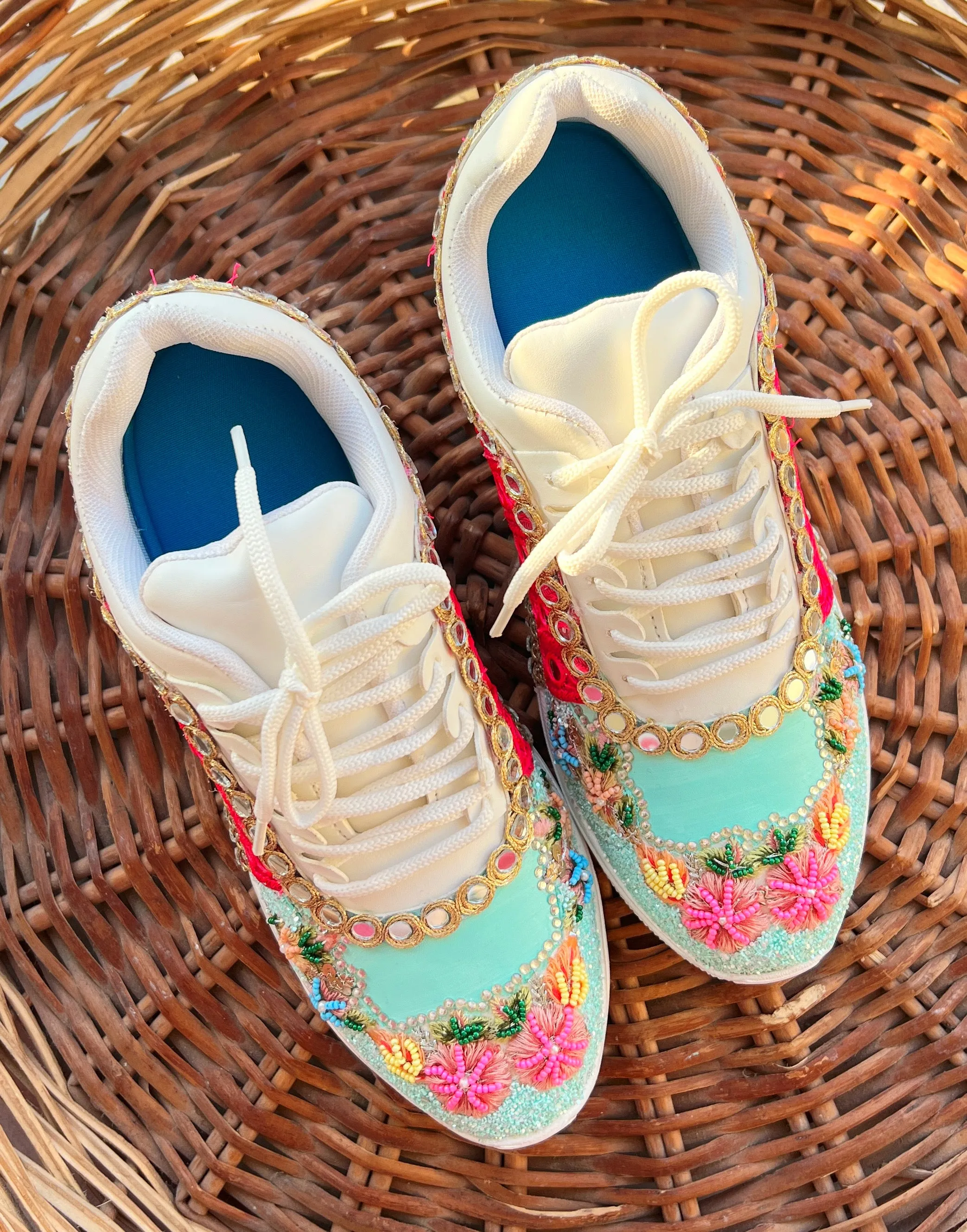 Funky N Trendy hand crafted powder blue theme bridal sneakers/ bridesmaid sneaker / powder blue sneakers/ pink floral theme sneakers / blue pink shoes / floral sneakers