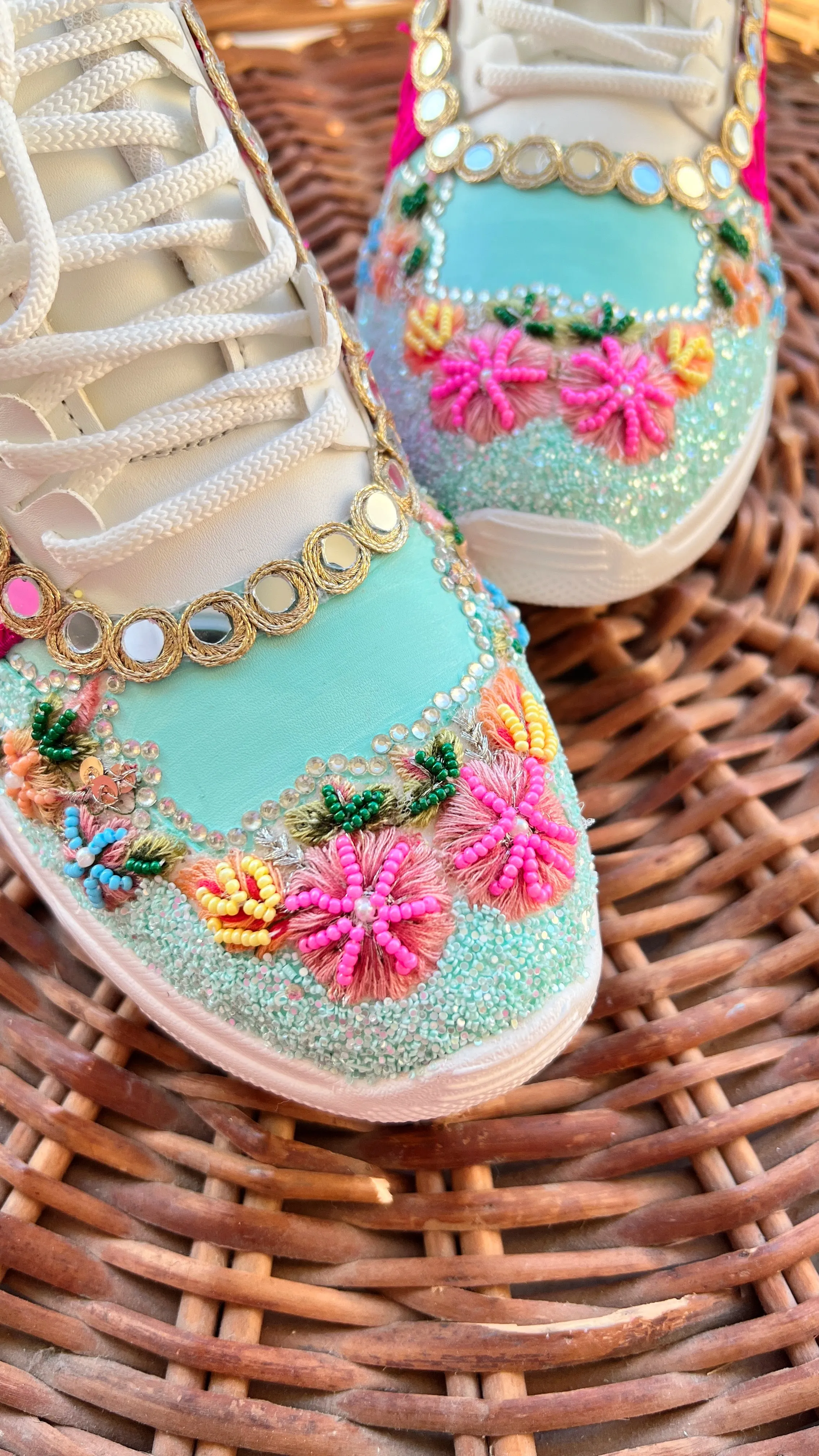 Funky N Trendy hand crafted powder blue theme bridal sneakers/ bridesmaid sneaker / powder blue sneakers/ pink floral theme sneakers / blue pink shoes / floral sneakers