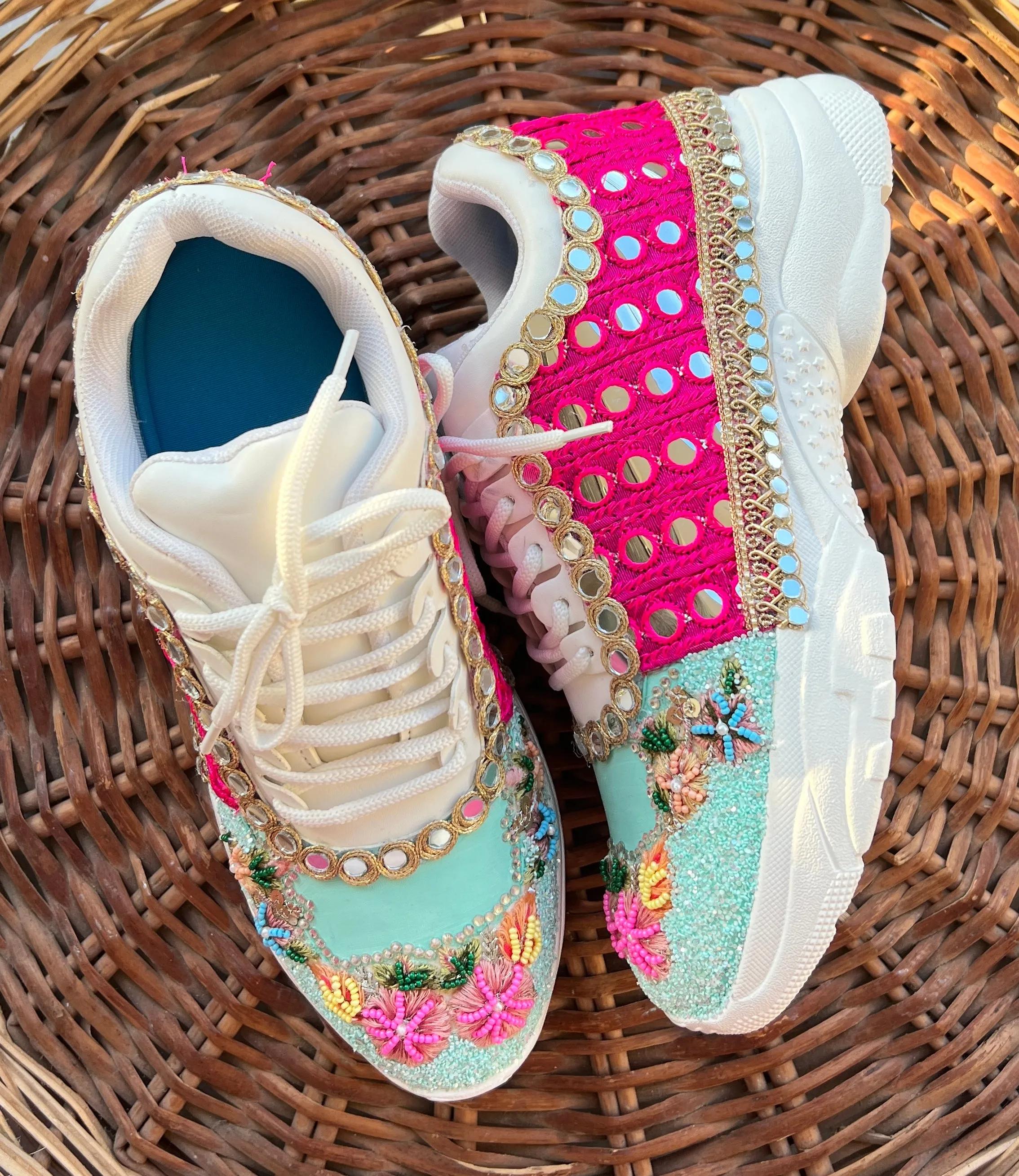 Funky N Trendy hand crafted powder blue theme bridal sneakers/ bridesmaid sneaker / powder blue sneakers/ pink floral theme sneakers / blue pink shoes / floral sneakers