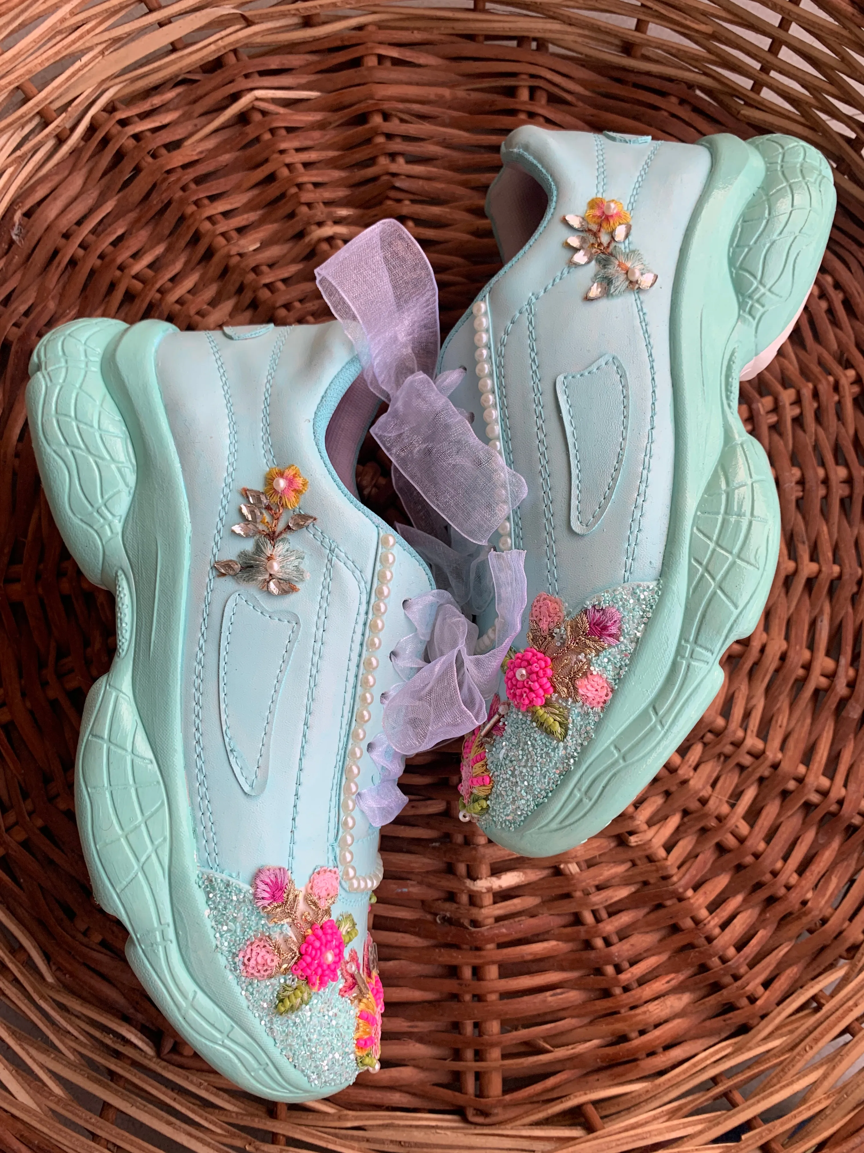 Funky N Trendy hand crafted powder blue theme bridal sneakers/ bridesmaid sneaker / powder blue sneakers/ pink floral theme sneakers / sea green shoes