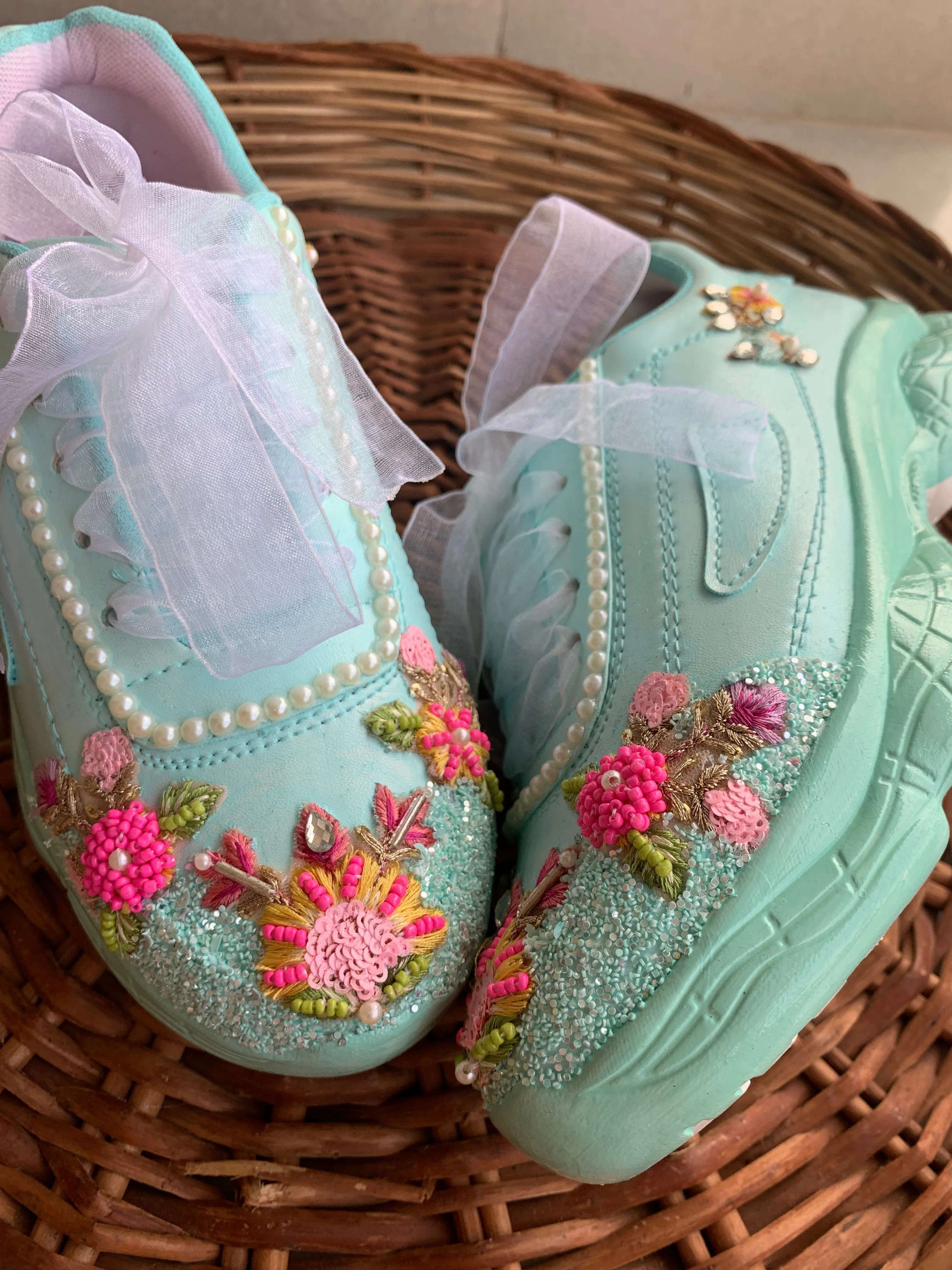 Funky N Trendy hand crafted powder blue theme bridal sneakers/ bridesmaid sneaker / powder blue sneakers/ pink floral theme sneakers / sea green shoes