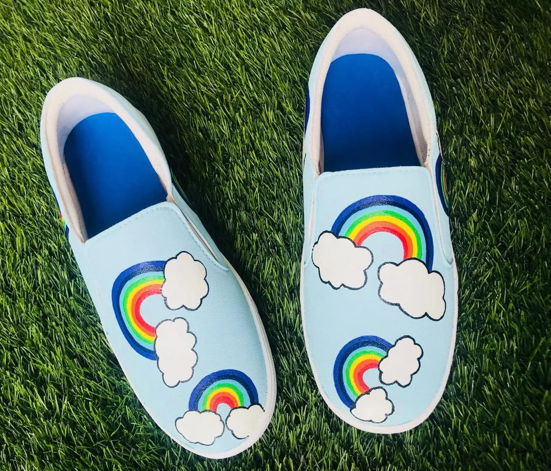 Funky N Trendy hand painted water resistant Cloud theme slip on shoes/ handpainted shoes/ women shoes / funky shoes/ blue shoes / funky handpainted shoes