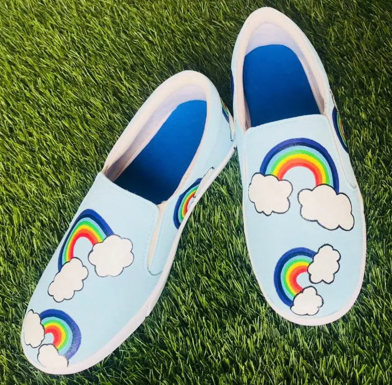 Funky N Trendy hand painted water resistant Cloud theme slip on shoes/ handpainted shoes/ women shoes / funky shoes/ blue shoes / funky handpainted shoes