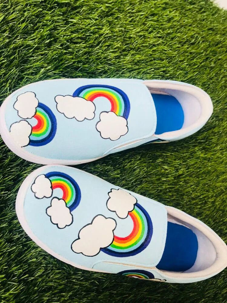 Funky N Trendy hand painted water resistant Cloud theme slip on shoes/ handpainted shoes/ women shoes / funky shoes/ blue shoes / funky handpainted shoes