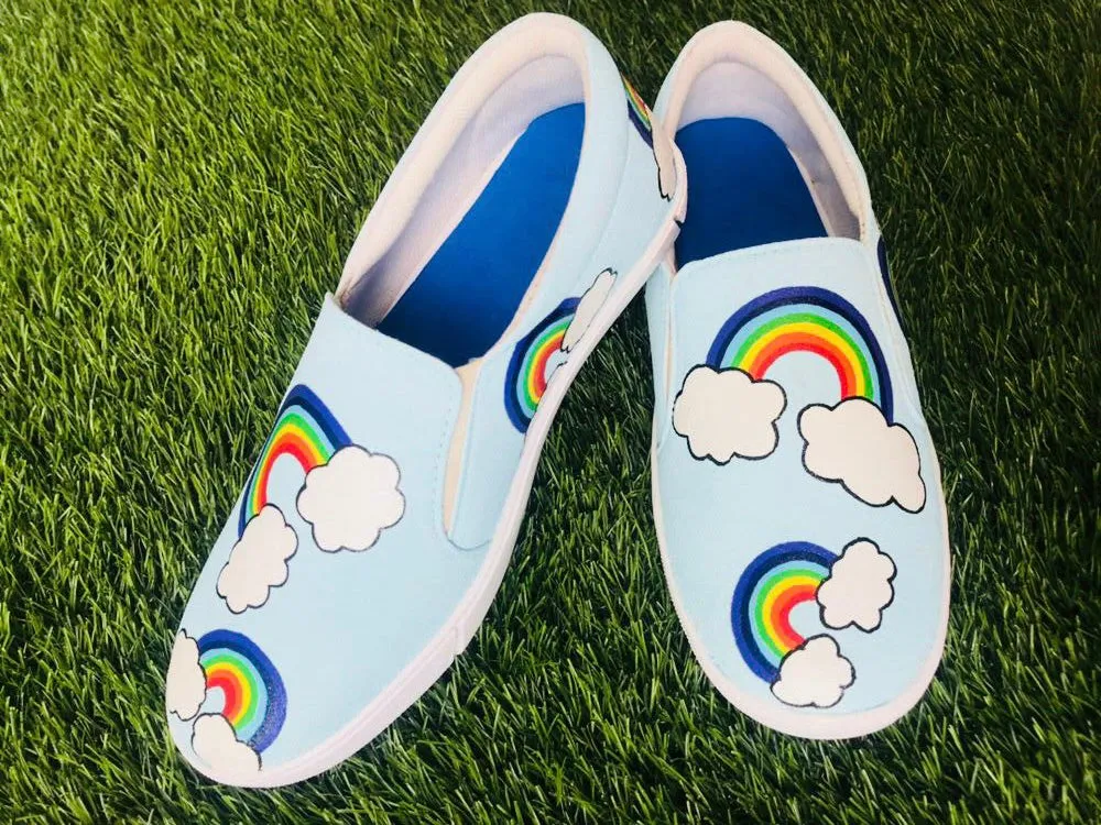 Funky N Trendy hand painted water resistant Cloud theme slip on shoes/ handpainted shoes/ women shoes / funky shoes/ blue shoes / funky handpainted shoes