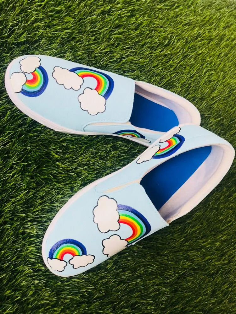 Funky N Trendy hand painted water resistant Cloud theme slip on shoes/ handpainted shoes/ women shoes / funky shoes/ blue shoes / funky handpainted shoes