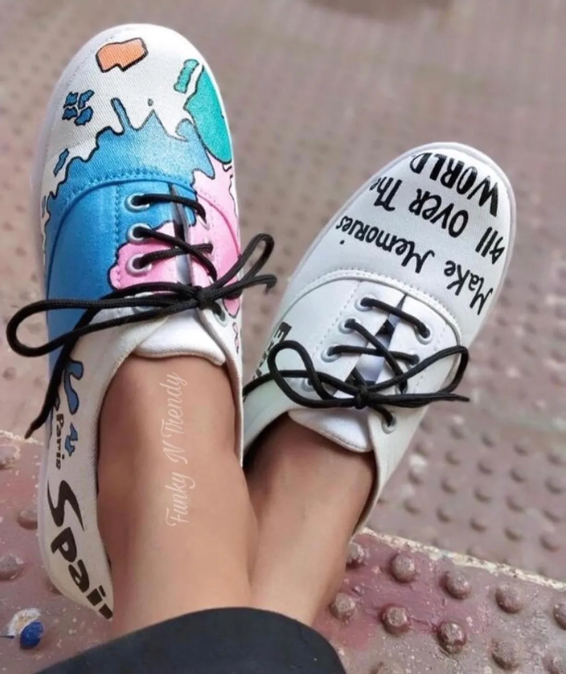 Funky N Trendy hand painted water resistant MAKE MEMORIES ALL OVER THE WORLD casual shoes