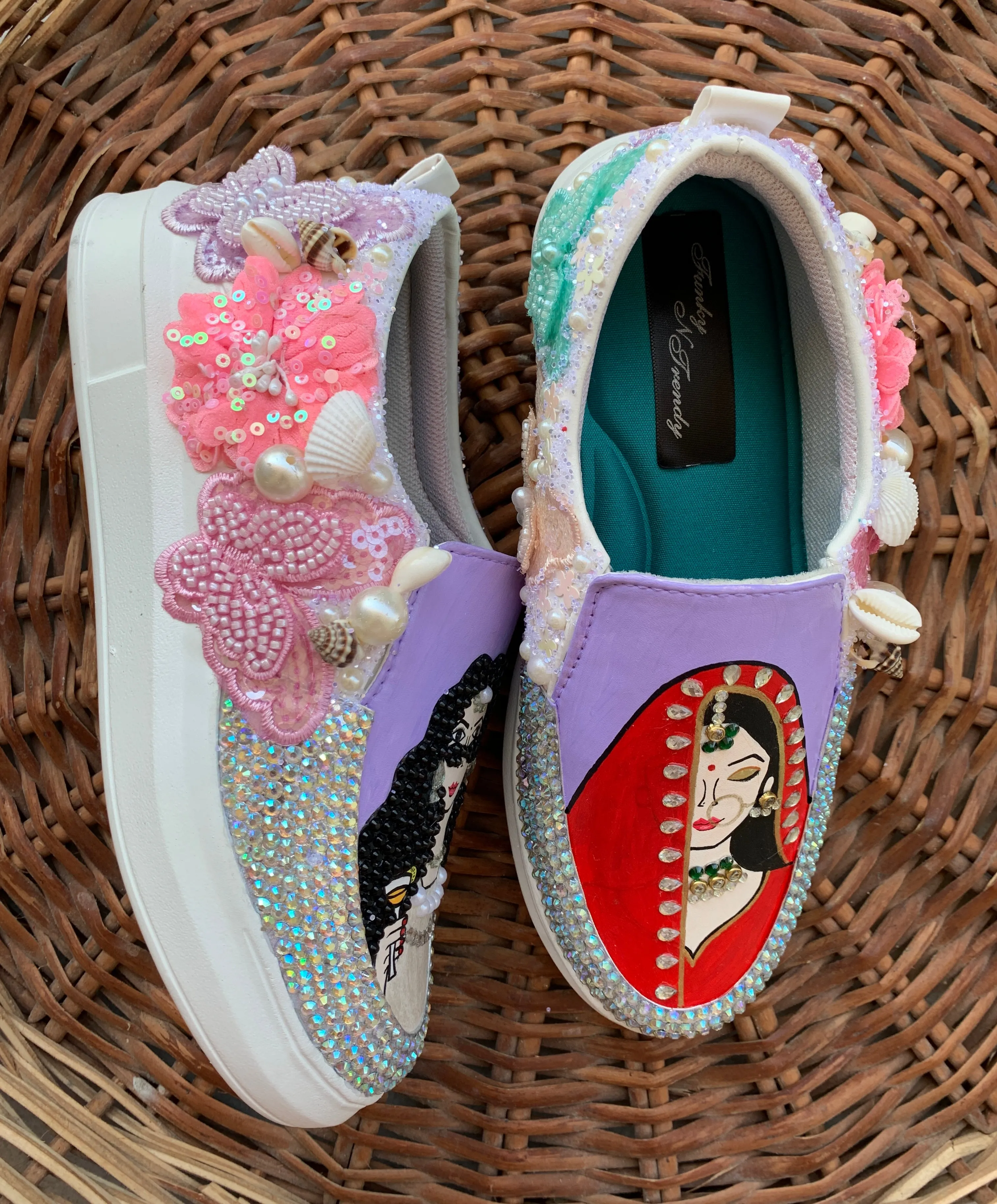 Funky N Trendy hand painted with water resistant colors, rhinestone work bridal sneakers/ bridesmaid sneaker / colorful sneakers/ floral sneakers / slip on shoes