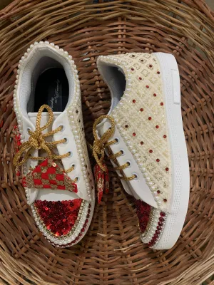 Funky N Trendy ivory and red embroidery work bridal sneakers/ bridesmaid sneaker / golden sneakers/ red sneakers / sequine work sneakers