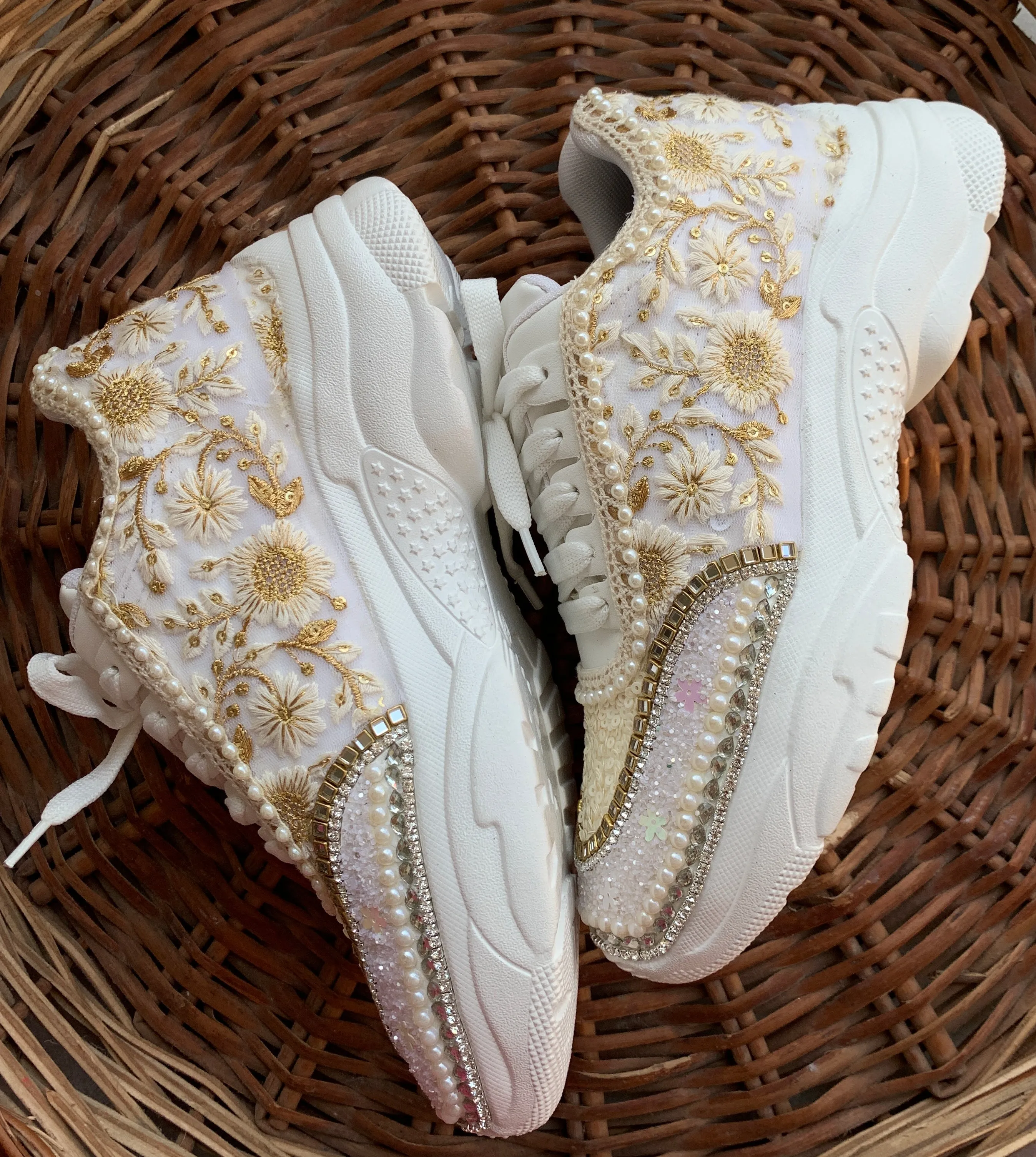 Funky N Trendy ivory / off white embroidery work bridal sneakers/ bridesmaid sneaker / hancrafted sneakers / gold sneakers / golden sneakers