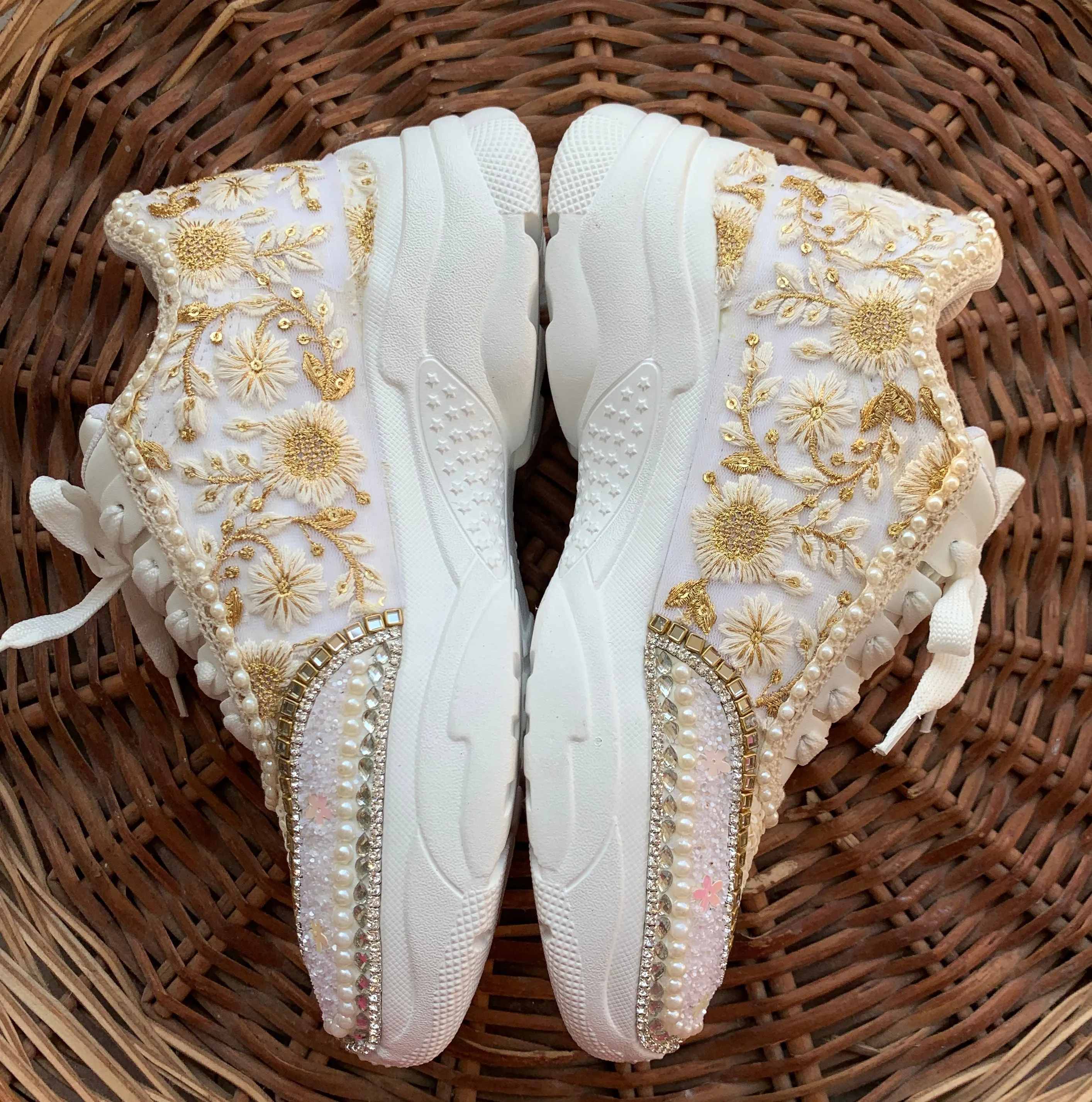 Funky N Trendy ivory / off white embroidery work bridal sneakers/ bridesmaid sneaker / hancrafted sneakers / gold sneakers / golden sneakers