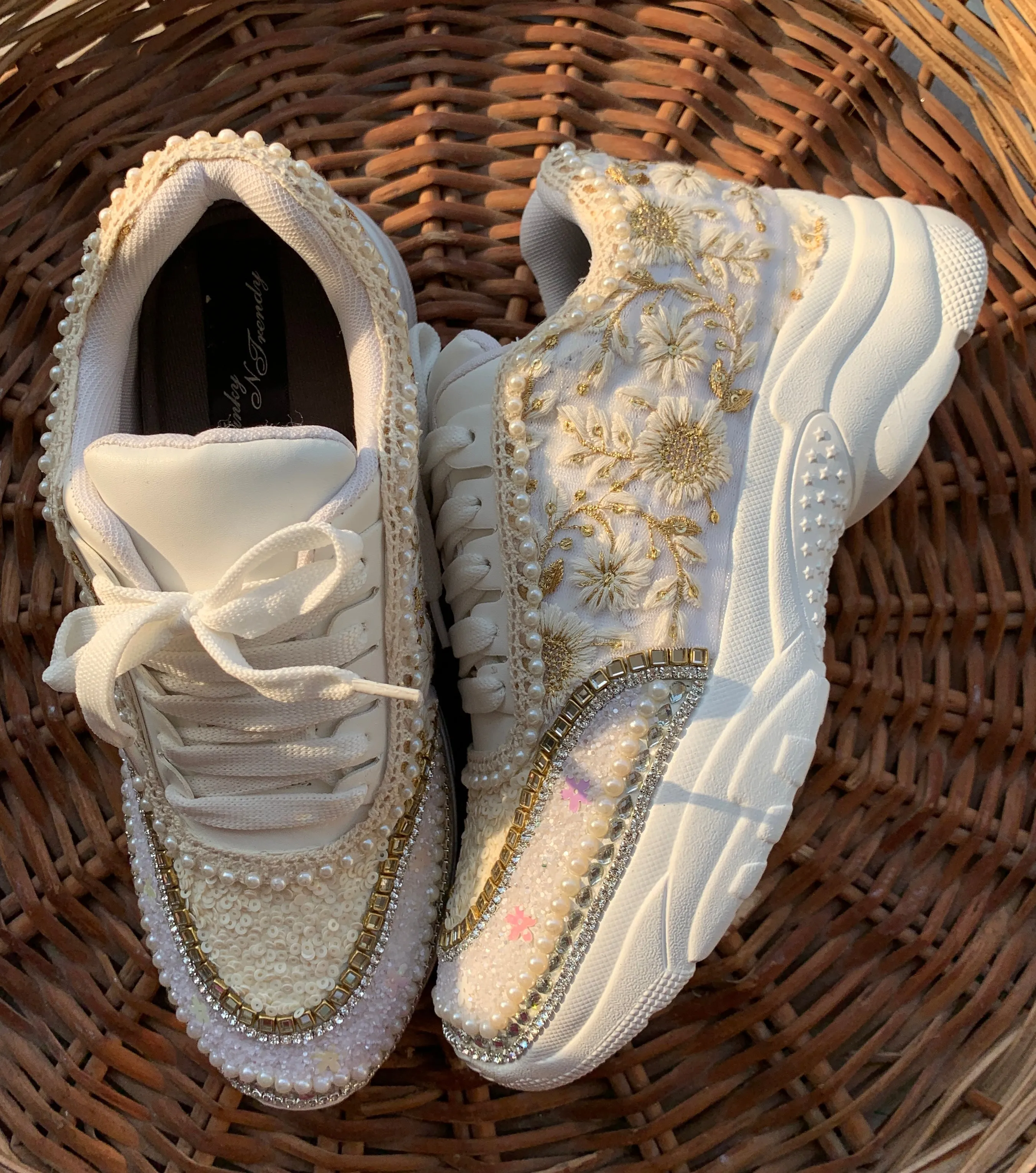 Funky N Trendy ivory / off white embroidery work bridal sneakers/ bridesmaid sneaker / hancrafted sneakers / gold sneakers / golden sneakers