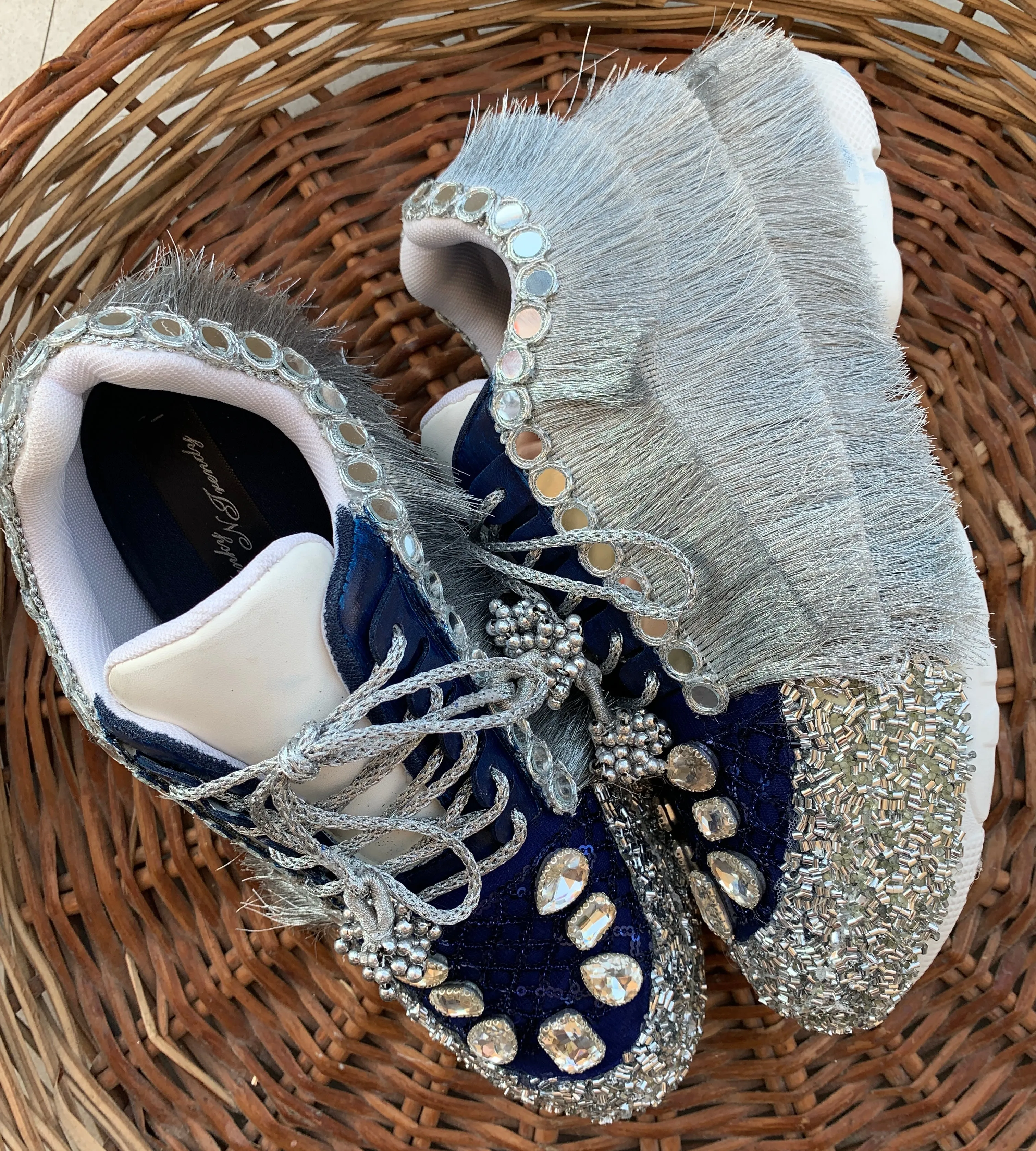 FUNKY N TRENDY Nevy blue and Silver hand work sneakers for brides / bridesmaids/ boho sneakers / blue sneakers / nevy blue shoes