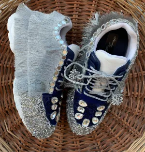 FUNKY N TRENDY Nevy blue and Silver hand work sneakers for brides / bridesmaids/ boho sneakers / blue sneakers / nevy blue shoes