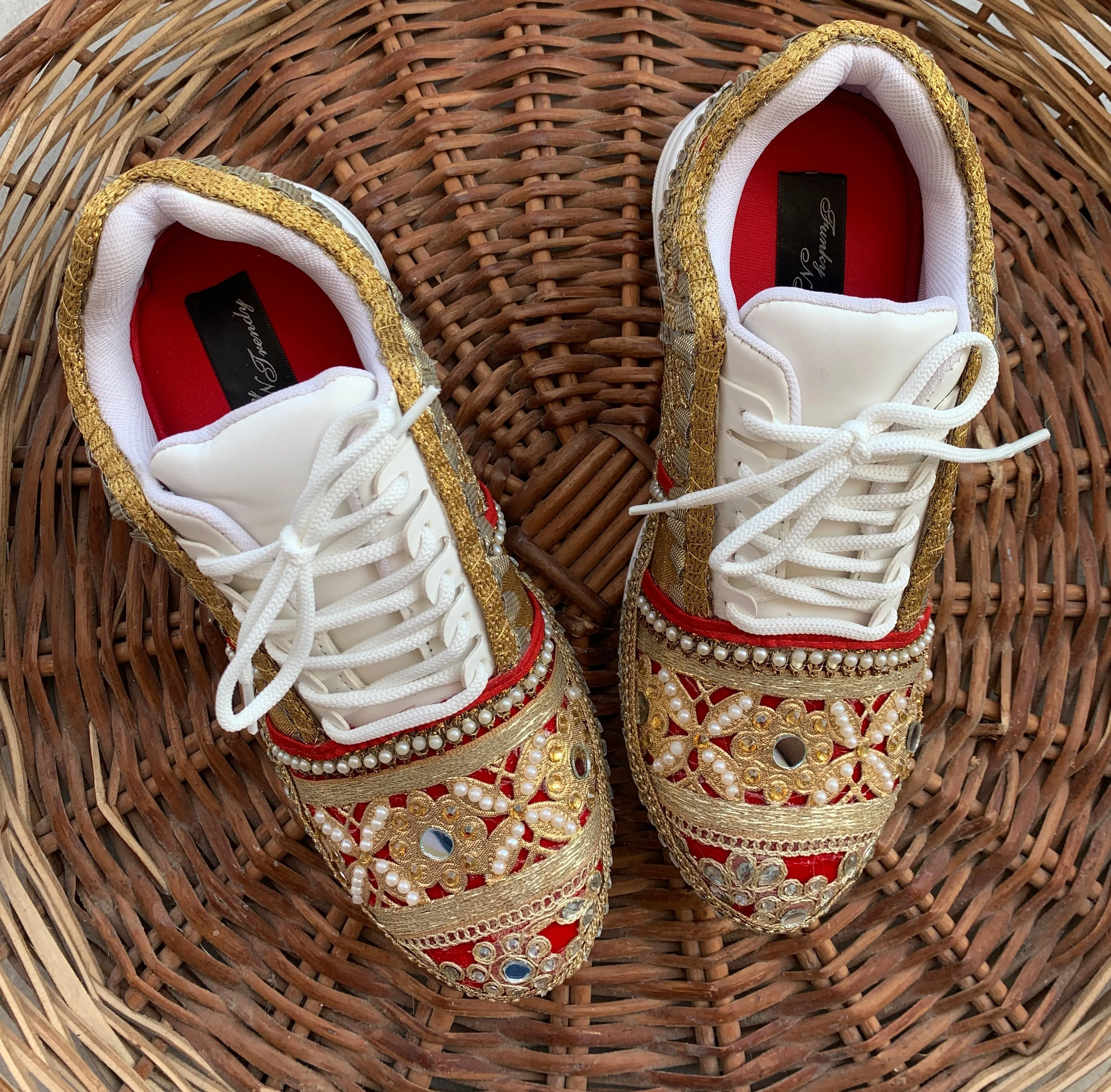 FUNKY N TRENDY red and gold sneakers for brides /bridesmaids / sneakers for bridesmaids/ handcrafted sneakers/ gold sneakers / bridal sneakers / bridesmaid sneakers/ gold sneakers / red shoes