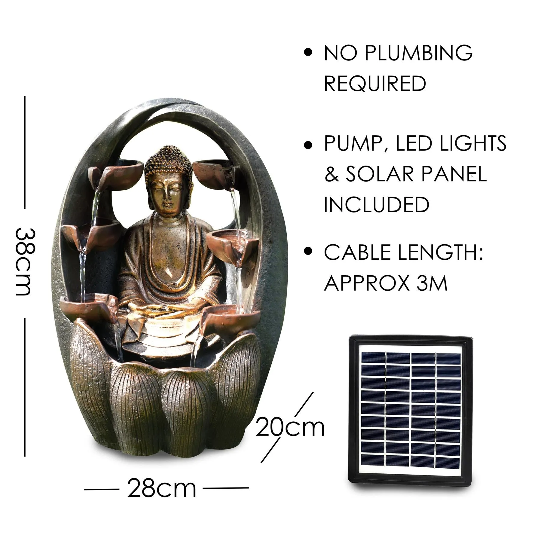 Golden Buddha Solar Water Feature Outdoor With LED