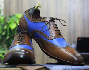 Handmade Brown Blue Pure Leather Shoes, Men's Lace Up Dress Shoes