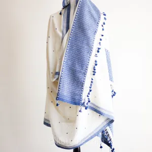 Handspun & Handwoven Organic Cotton Shawl with Embroidered Mirrors - 100% Organic Kala Cotton Wrap | Cream-Blue, 40x96"